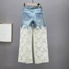 Beaded Diamond-embellished Denim Wide-leg Pants for Women, Summer New High-waisted Loose Lace Cutout Extended Pants Trendy
