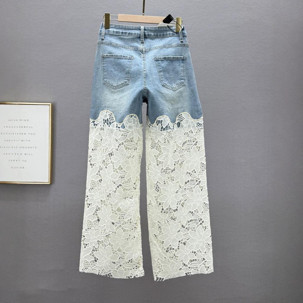 Beaded Diamond-embellished Denim Wide-leg Pants for Women, Summer New High-waisted Loose Lace Cutout Extended Pants Trendy