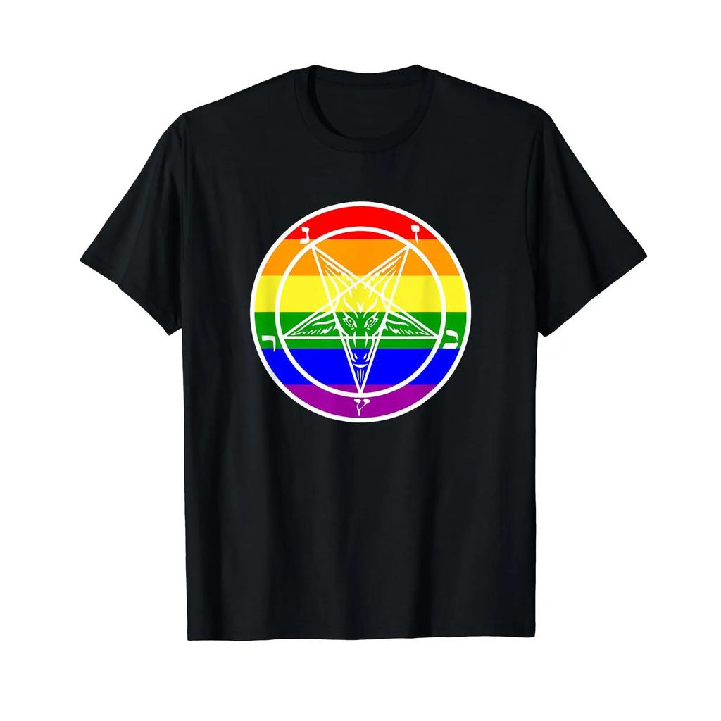 Lgbtq Satanic Devil Pentagram Rainbow Flag Gay Pride T Shirt Black Vintage Washed Stylish Homme Unisex Streetwear Comfortable