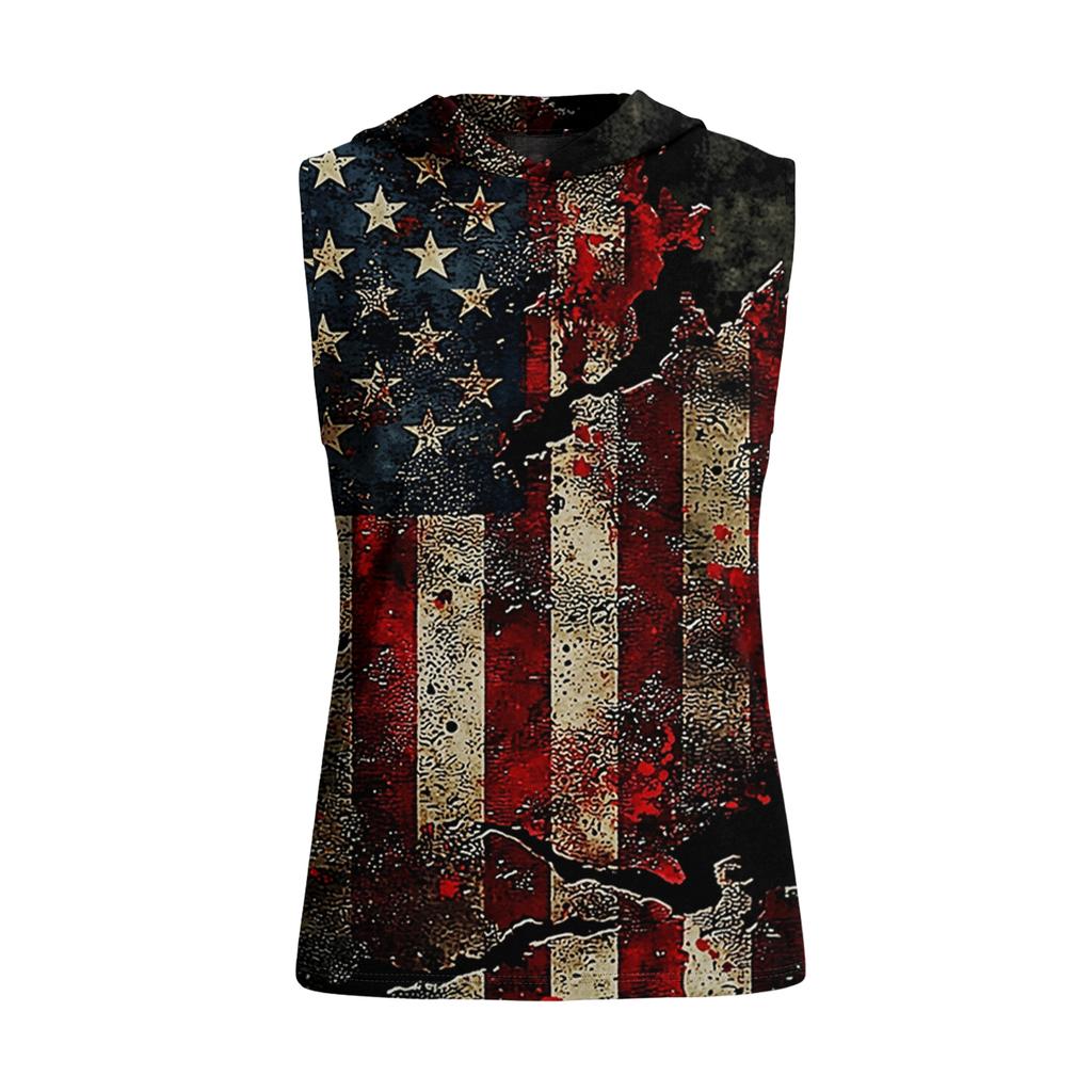 Men's Sleeveless Hoodie Casual Tank Top Patriotic Print Athletic Fit Pullover Lightweight Summer Muscle Shirt with Hood