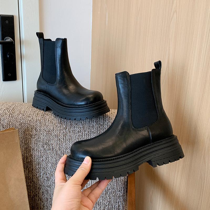 Herbst und Winter Britischer Stil Plateau Dicke Ferse Chelsea Boots Großer Schaftumfang Kurze Stiefel Martin Boots Dünn Erweitert Große Größe Damen