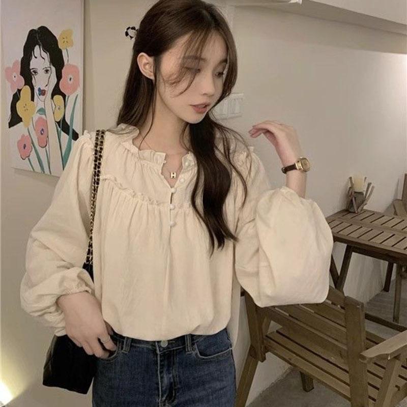 French Style Retro Puff Sleeve Blouse Women Korean Fashion Spliced Ruffles Shirt Ladies Elegant Chic Design Shirts