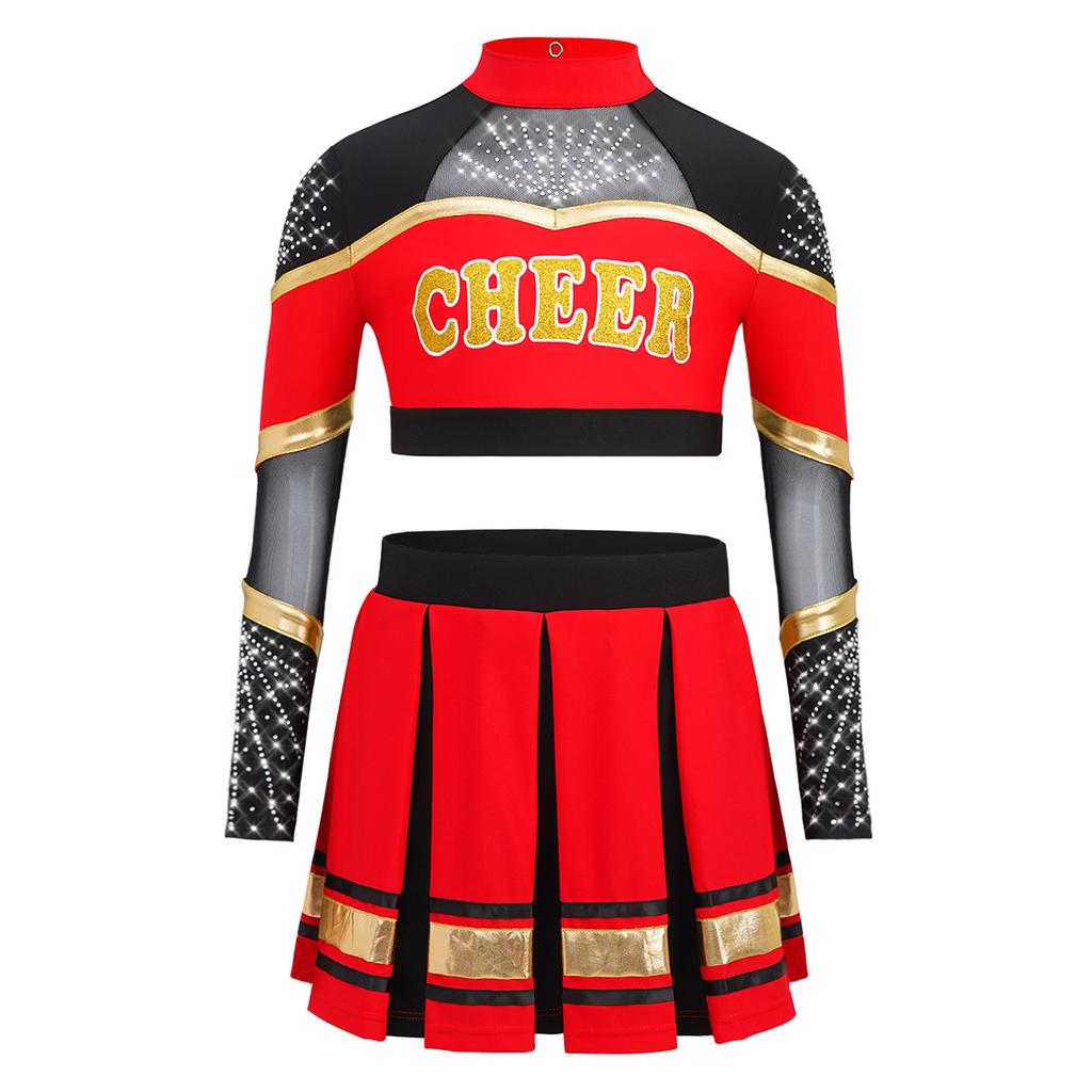 Bambina Ragazza Costume da Cheerleader 2 Pezzi Costume da Esibizione Manica Lunga Patchwork in Rete Trasparente Strass Color Block Crop Top con Gonna Pieghettata