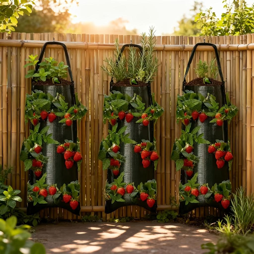 2pcs Wall-Mounted Strawberry Grow Bags, Hanging Planter Bags, Multi-Hole Strawberry Planting Bags for Balcony and Garden, Breathable, Water-Permeable