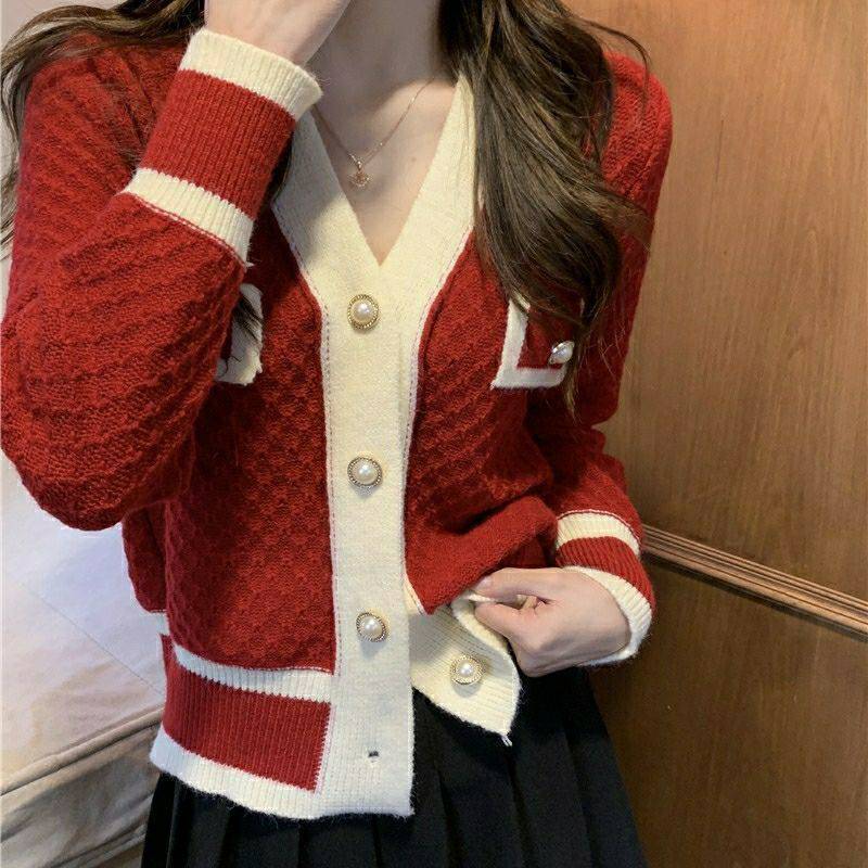 

Новый универсальный свитер-кардиган модный весенне-осенний высококлассный короткий вязаный топ женский дизайнерский нишевый жакет One size красный