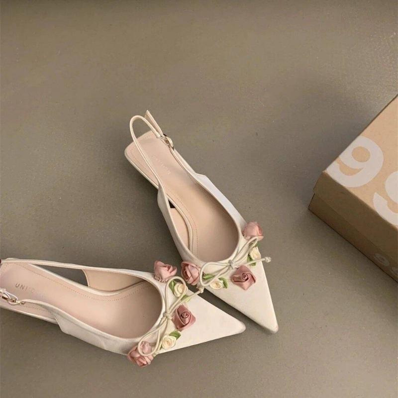 

Women s Pointed Toe Slingback Flats 3D Rose Decor Bow Knot Elegant Sandals Vintage Casual Shoes for Ladies 40 бежевий