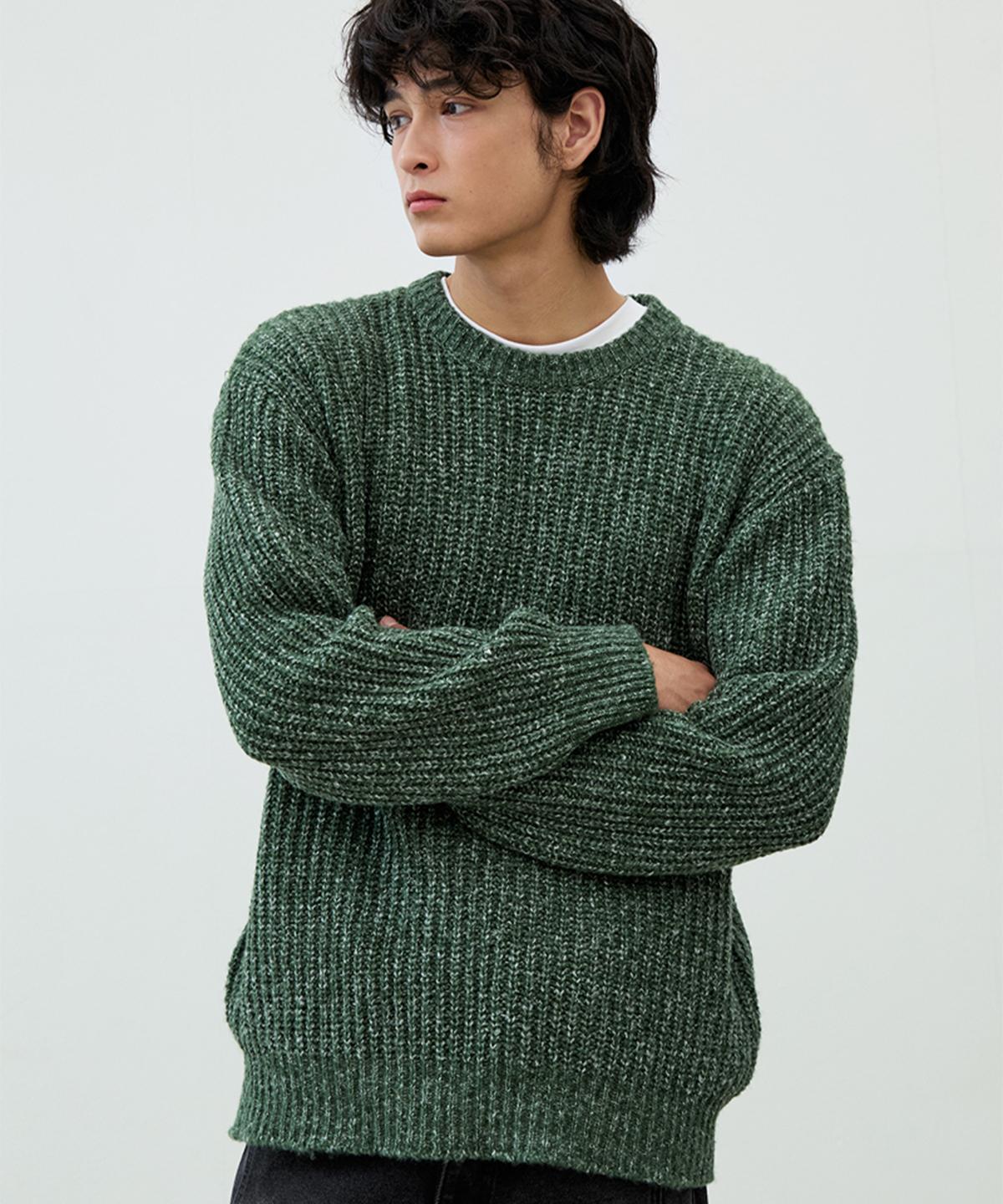 Nod You Adn Heathered Hatch Round Semi-Overfit Long Sleeve Knit [Green] M