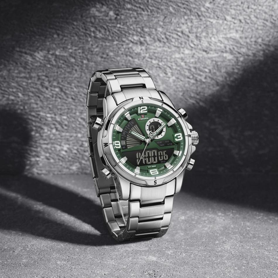 Mens Multifunctional Double-Display Watches Date Stainless Steel Watchband LED Luminous Mode Waterproof Wrist Watch