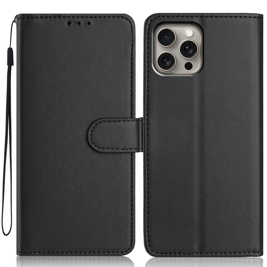 For iPhone 15 Pro Max Wallet Case with Strap/Multiple Card Slots Solid Color Leather Stand Phone Cover
