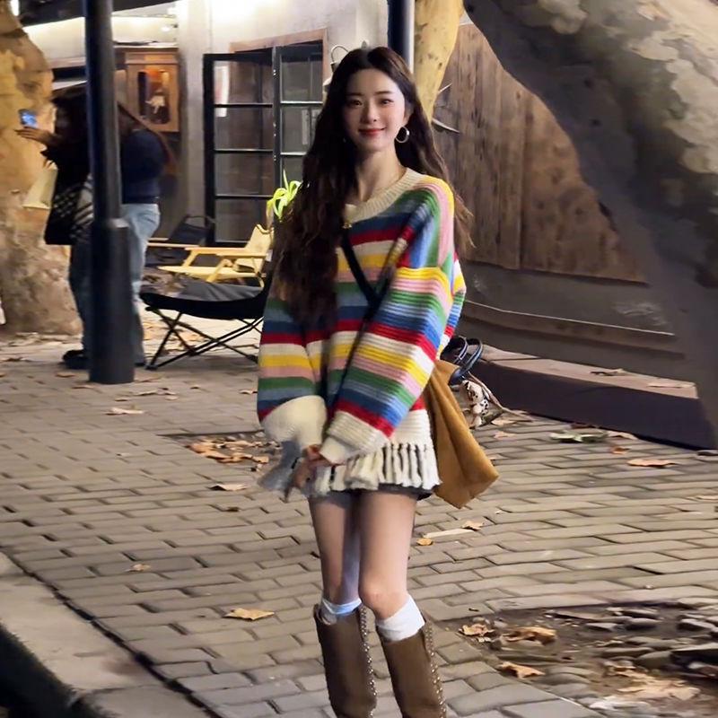 

Корейський набір з двох предметів: светр з бахромою та райдужними смугами та жилет-пальто для осені/зими M 95-105 lbs