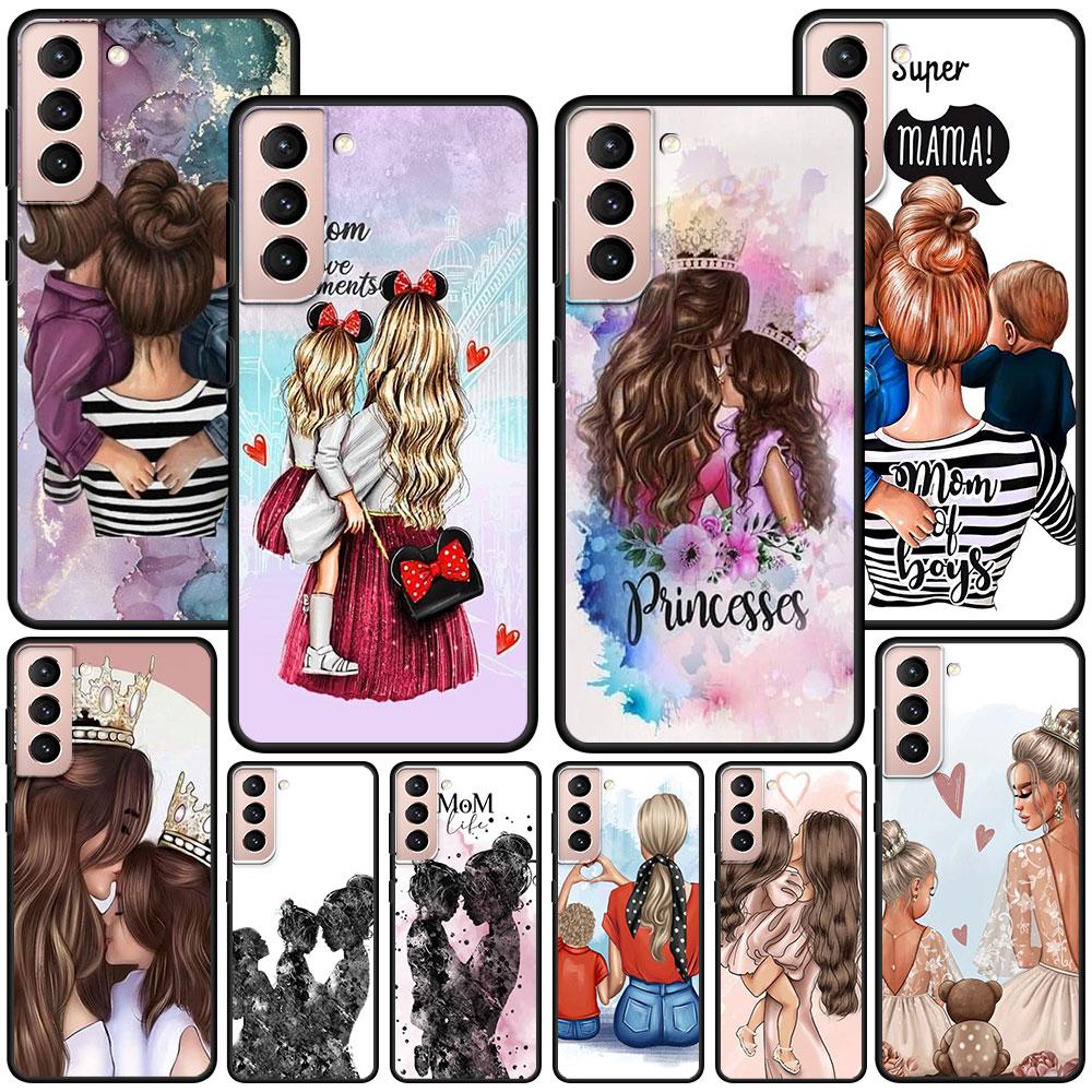 Mom And Baby Girl Boy Black Case for Samsung Galaxy S23 S22 Ultra Cases S21 S20 FE S10 S9 S8 Plus S10e S7 Silicone Phone Cover