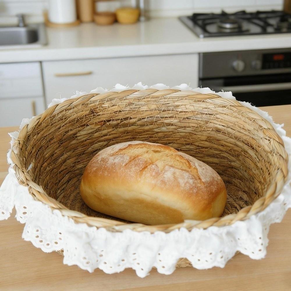 Natural French Style Desktop Woven Basket Oval Round Lace Trim Straw Storage Box Hand Woven Sundries Storage Box Desktop