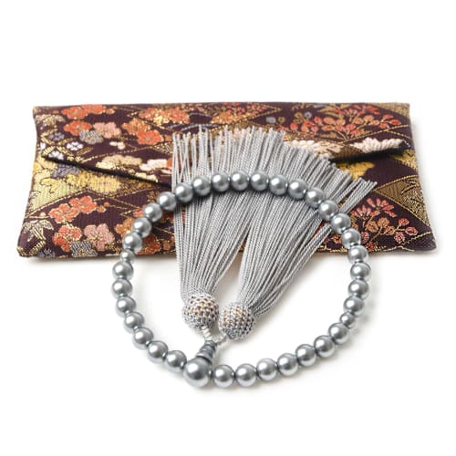EsuonHappiness Women's Pearl Buddhist Prayer Beads, Nishijin Brocade with Pouch, Black Shell and Pearl Tassel, 8mm