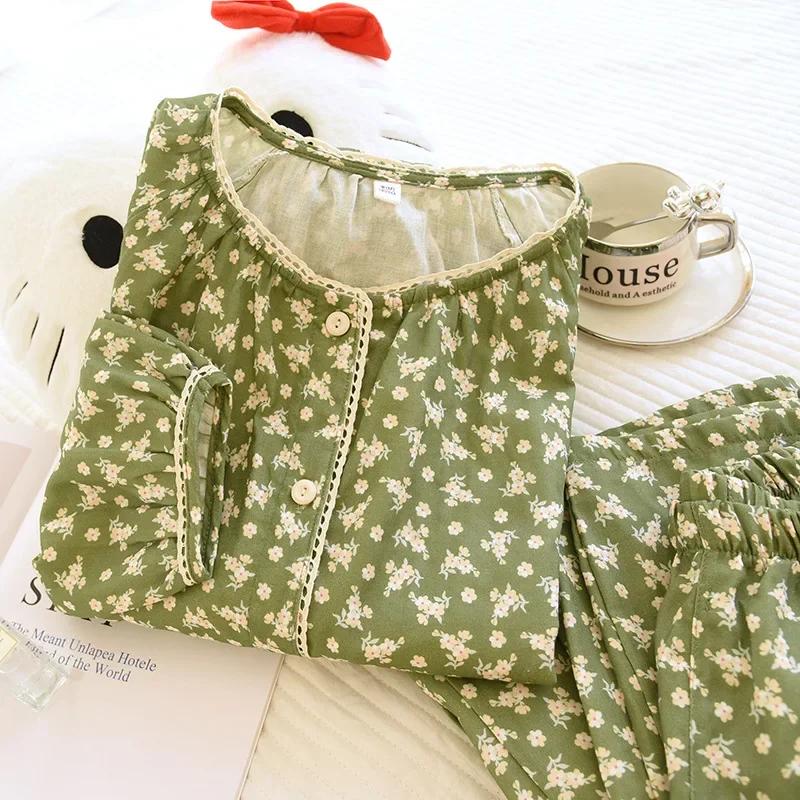 2025 Japanese New Women's Spring/Summer Pajama Two Piece Set 100% Cotton Round Neck Cardigan Long Sleeve Pants Home Clothing Set