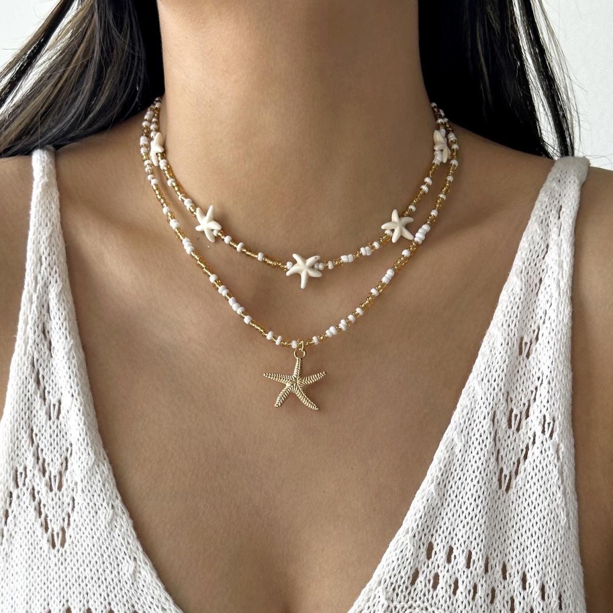 

Multilayer Imitation Pearl Rice Bead Starfish Resin Turtle Shell Necklace For Women Men Ocean Beach Fishtail Choker Boho Jewelry