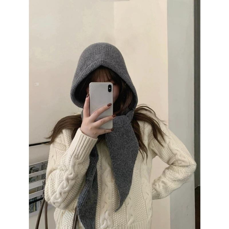 

~ Шапка-балаклава и шарф интегрированные, защита ушей шерстяная вязаная шерстяная шапка женская тепловой артефакт