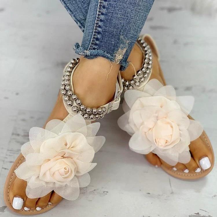 Large Size Sandals for Women, Flat Toe Sandals, Bohemian Women's Sandals, Beaded Three-dimensional Flower Sandals