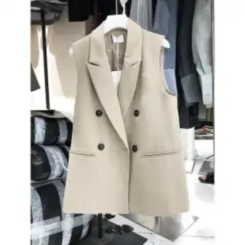 Women's K Grey Double Breasted Sleeveless Blazer Vest with Lapel Collar and Pockets