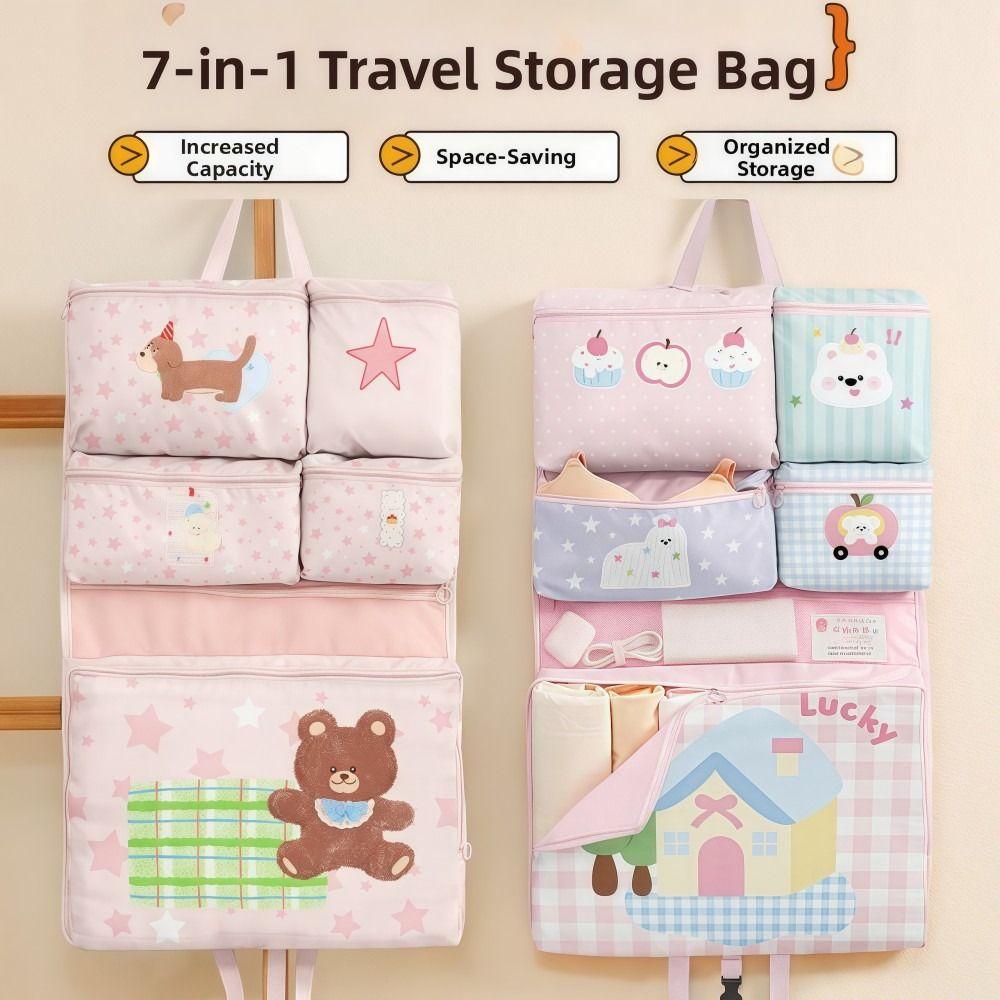 7in1 Foldable Storage Bag Large Capacity Cartoon Pattern Travel Handbag Space-saving Waterproof Clothing Organizer Bag