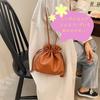 Pleated Drawstring Pouch, Shoulder or Crossbody, Compact, Small, Lightweight, Korean PU Leather (White)