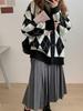 Japanese Academy Diamond Pattern Loose Knit Cardigan - Women's Slimming Color Block Sweater
