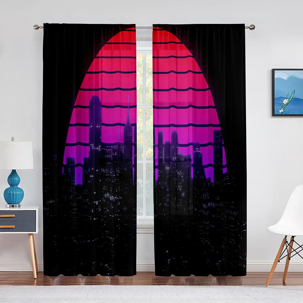 Punk Night City Landscape Purple Neon 2panels Curtain for Living Room Bedroom Drape Kitchen Window Curtains Home Essentials