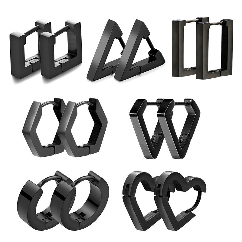Orecchino Cerchio Nero alla Moda per Uomo Minimalista Geometrico Rettangolare Esagono Triangolo Pentagramma Quadrato Orecchino a Cerchio Gioielli Uomo