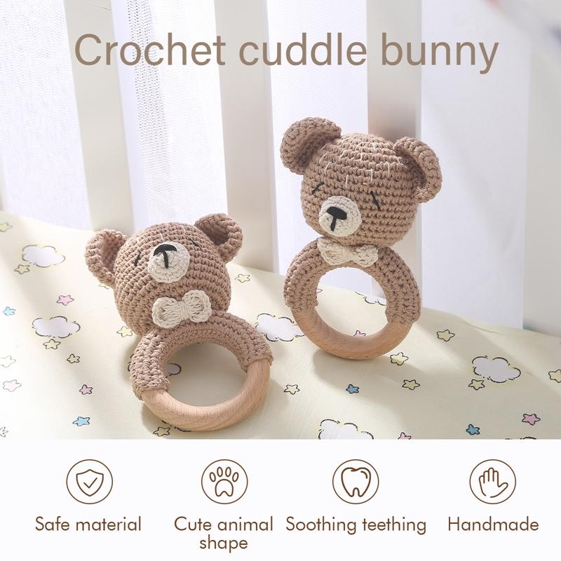 1Pc Crochet Animal Bear Rattle Toy Soother Bracelet Wooden Teether Ring Baby Product Mobile Pram Crib Wooden Toys Newborn Gifts