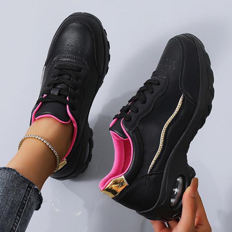 Fashion Women's Thick Sole Black Leather Sneakers Women Fashion Vulcanized Shoes Designer Trainers Platform Lace Up Walking Shoes