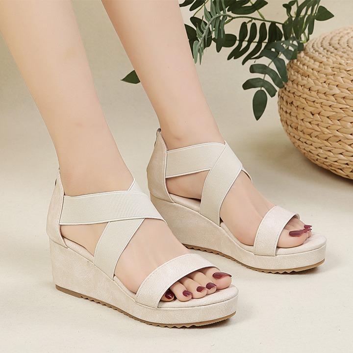 European and American large size platform Roman shoes 2025 cross strap one word with fish mouth rear zipper sandals beige