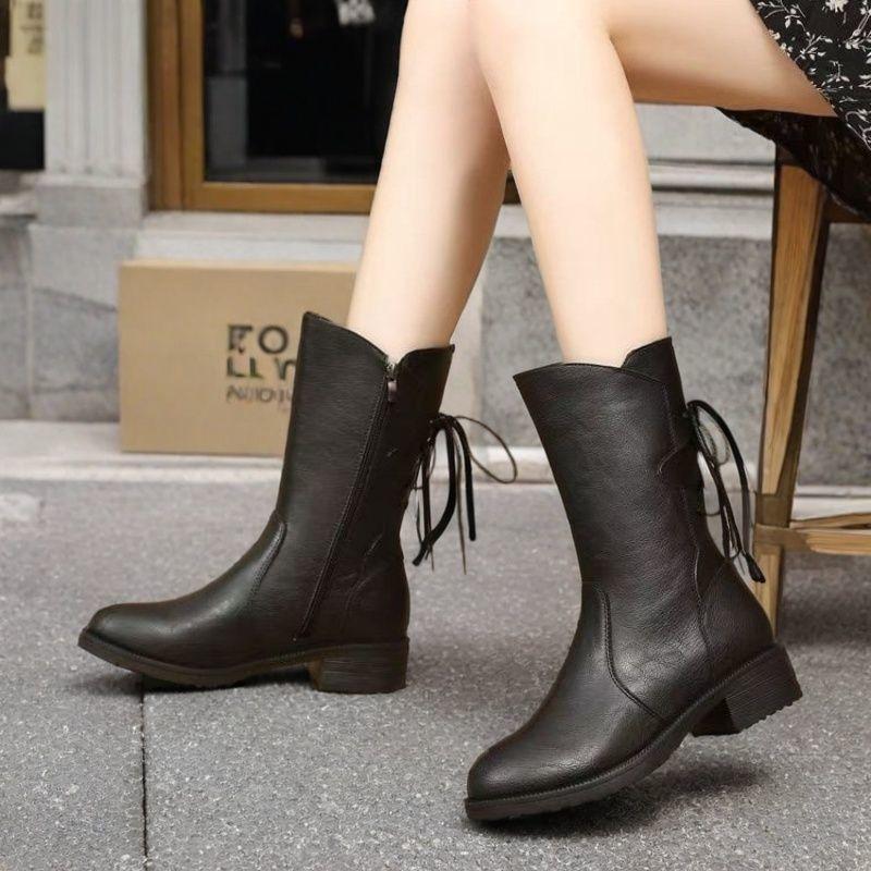 Fashion Elegant with Low Heels Black Pointed Toe Lace-up Half High Boots for Women Autumn Winter Chic Fleece-Lined Mid Calf Shoes Woman