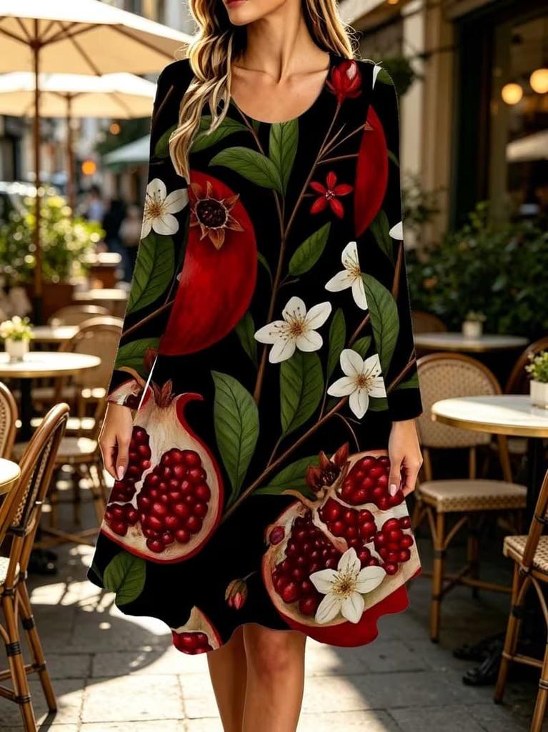 Spring Autumn Women Dress Casual Long Sleeve O-neck 3D Print Loose A-Line Dress Oversized Home Wear Robe