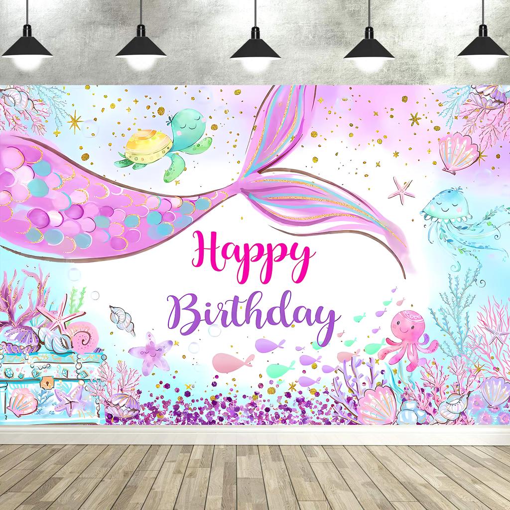 Mermaid Birthday Backdrop Under The Sea Birthday Party Decoration for Girl Purple Glitter  Mermaid Tails Photography Background