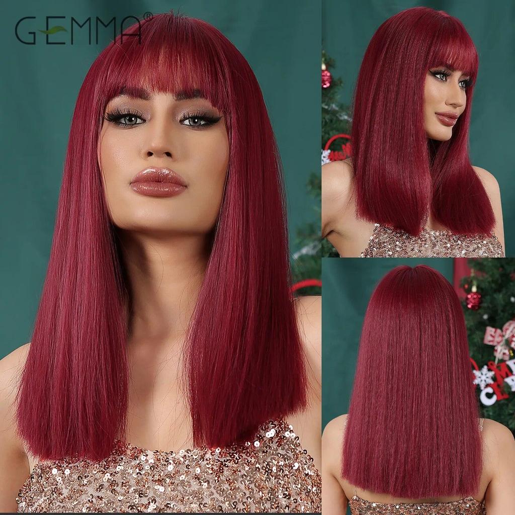 Green Synthetic Cosplay Wig with Bangs Medium Length Straight Wigs for Women Halloween Party Natural Hair Wig Heat Resistant