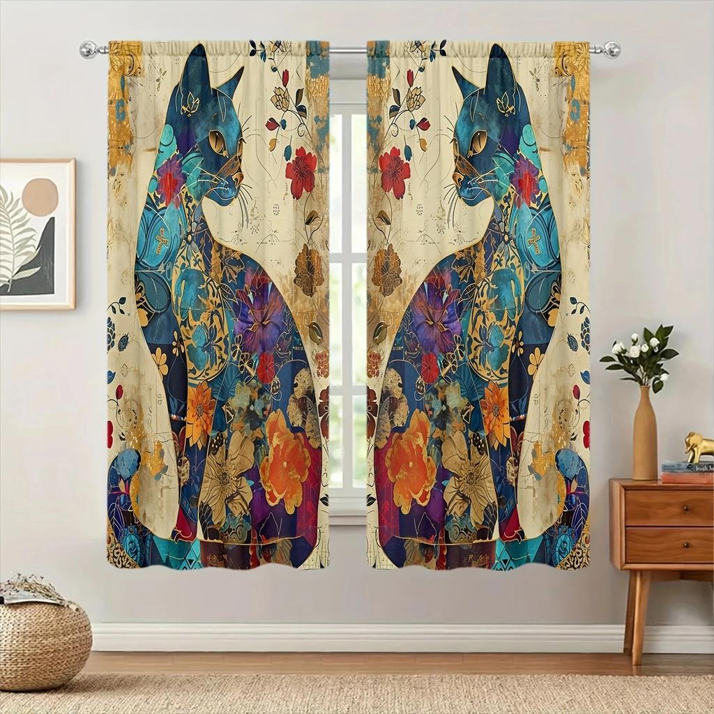 Artistic Cat Print Printed Curtain Home Decor Window Treatment Bedroom Kitchen Living Room Curtains Made Of Polyester With Rod Pocket Great