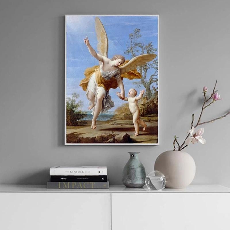 Vintage Guardian Angel with Children Canvas Painting Prints and Posters Wall Art Picture for Home Children Room Decor Cuadros