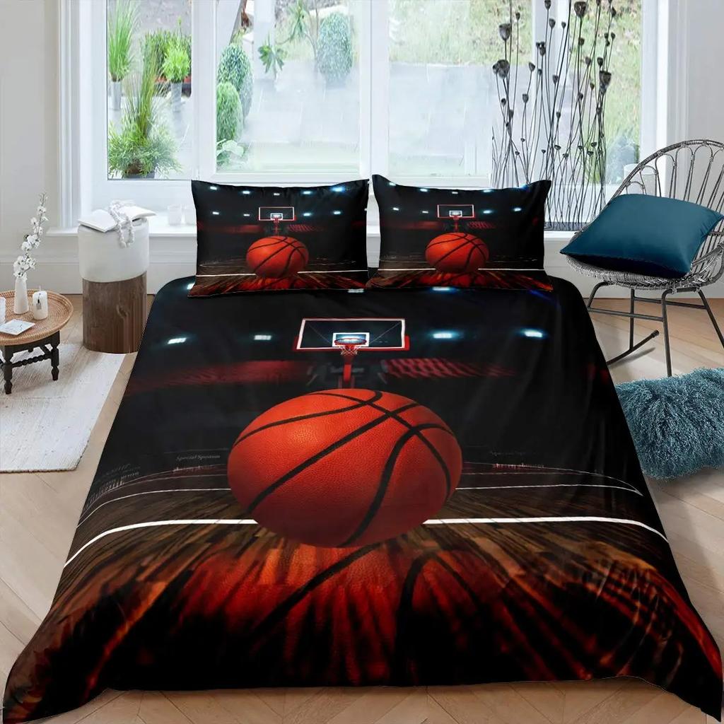 Basketball Duvet Cover Set Black 3D Ball Sports Theme Bedding Set Microfiber Basketball Court Competitive Games King Quilt Cover