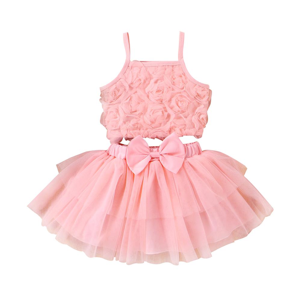 Lässiges Mode-Set für Mädchen Sommer Kinder Blumen-Neckholder mit Schleife Mesh-Rock Zweiteiliges Set