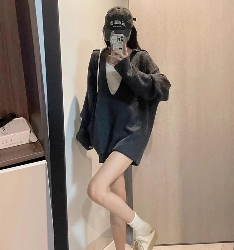 Women's Relaxed V-neck Sweater & Shorts Set - Autumn/Winter Casual Knit Two-piece