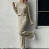 Women Autumn Winter Solid Color Loose Knitted Sweatshirt Suit Casual Long Sleeved Striped Hoodie Long Straight Leg Pants Two-piece Set