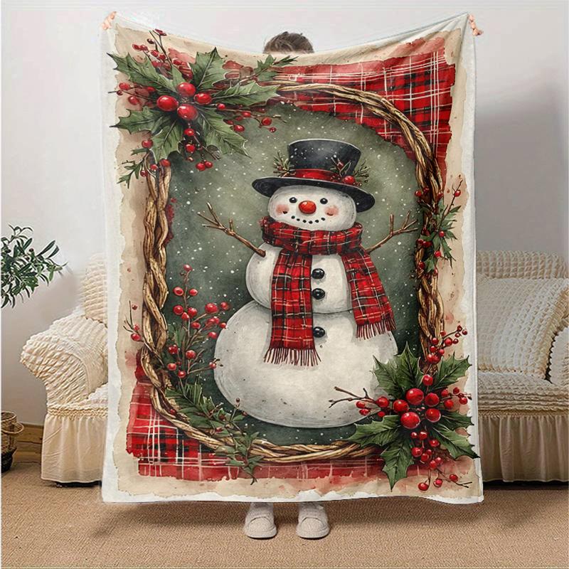 1Pc Winter Snowman Festive Scene Blanket Soft And Comfortable Casual Warm Camping Travel Christmas Halloween Gift M292120