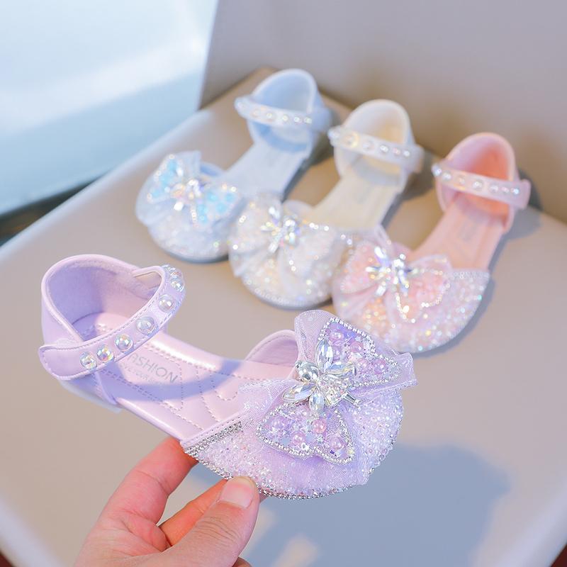Girls Princess Shoes Mesh Lace Bow Kids Half Sandals Beauty Crystal Fairy Style 2025 New Girls Dance Shoes for Party Wedding
