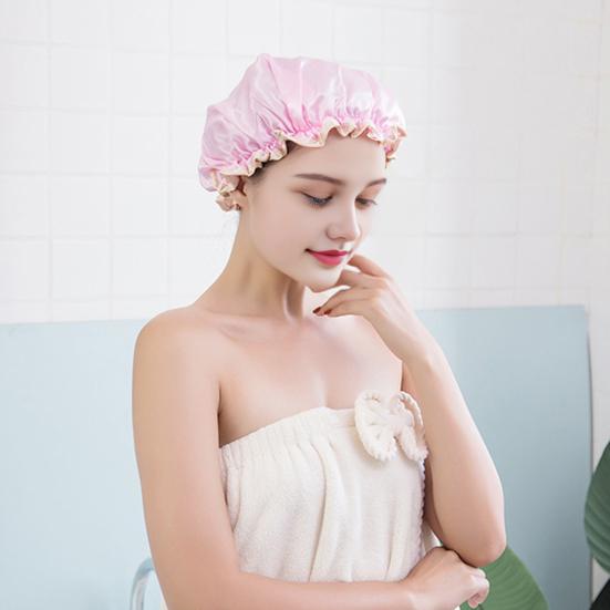 Waterproof Shower Cap Elastic Drawstring Double-Layer Water-Resistant Fabric Hair Protector Hair Care Bath Hat