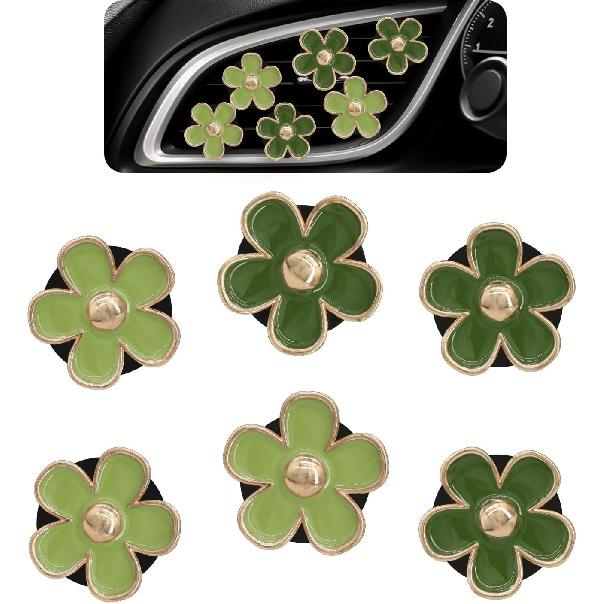 Green Flower Car Decor,6Pcs Green Daisy Air Vent Clips Car Air Fresheners,2 Sizes Sage And Olive Green Flowers Dashboard Decorations Accessories For