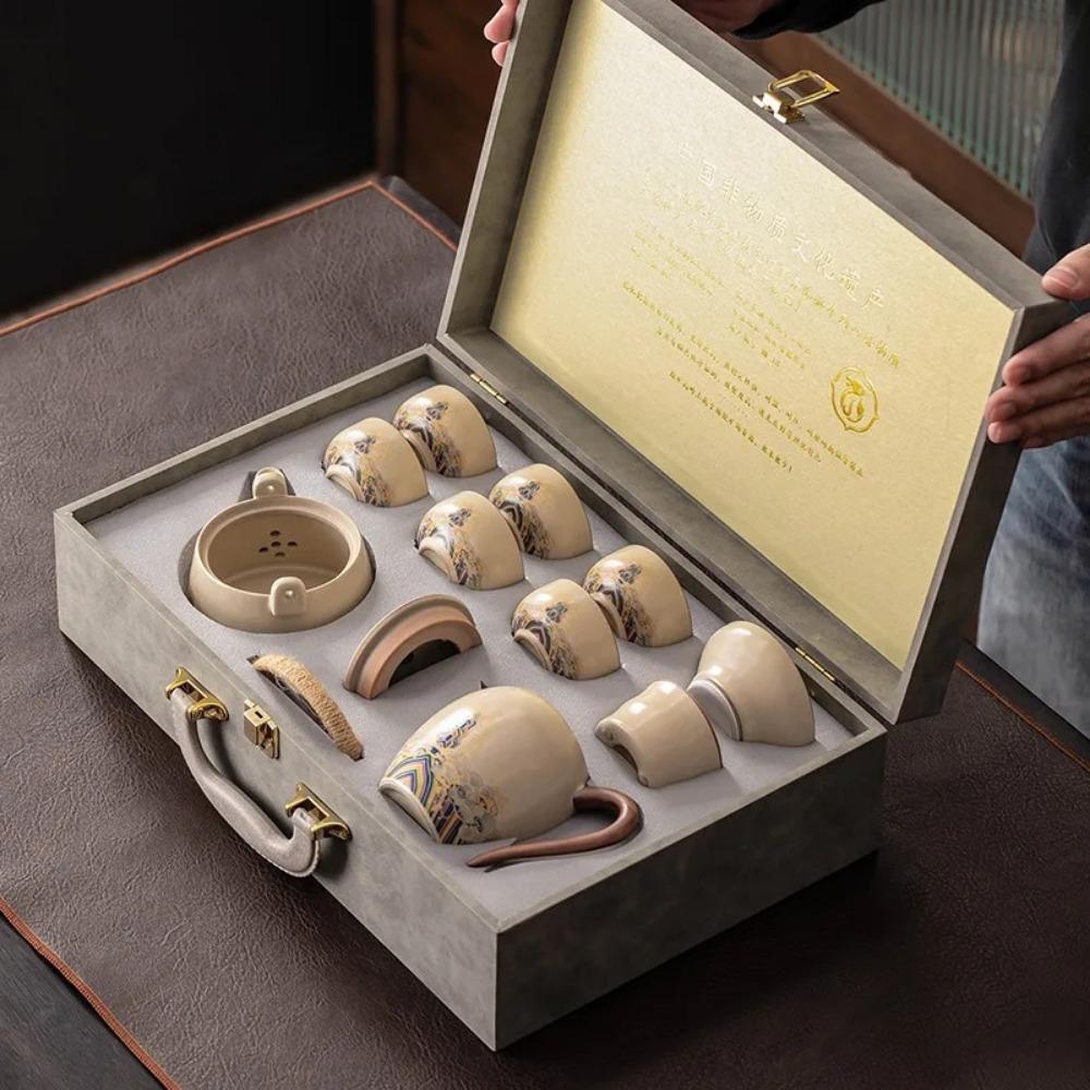 Mi Huang Ru Kiln Kung Fu Tea Set, Home Reception Ceramic Teapot, Tea Cup, Tea Tray Set, Office Tea Set