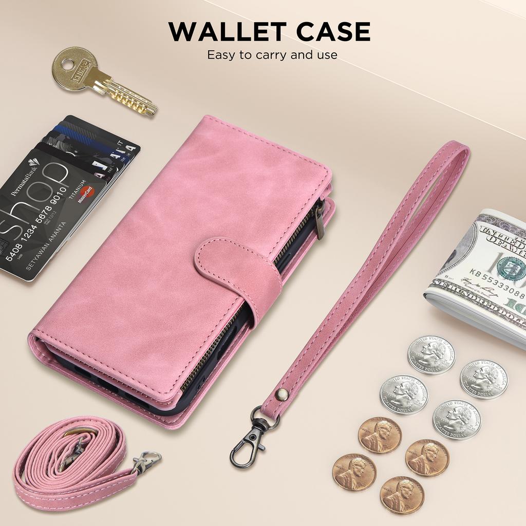 For iPhone 16 Pro Max Case Zipper Multi-Pocket Wallet Leather Phone Cover with Shoulder and Wrist Straps