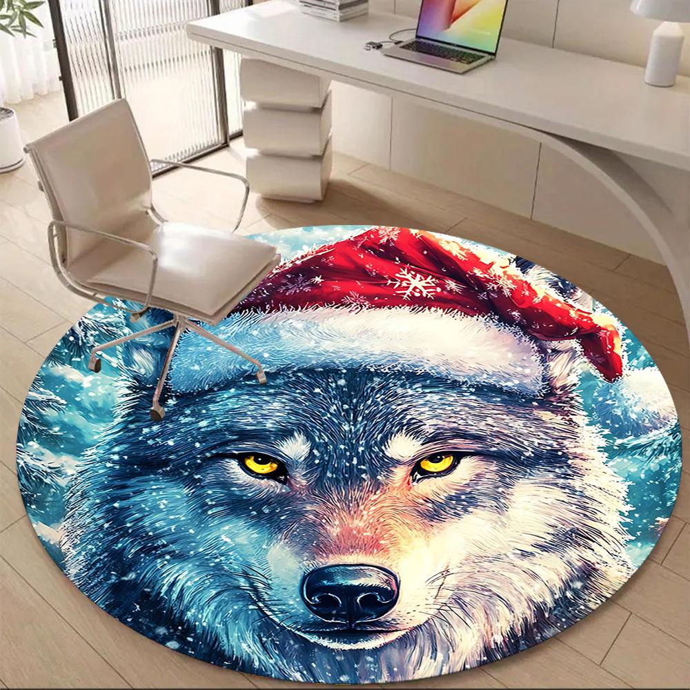 1pc Winter Wolf Office Round Area Rug, Indoor Mat Suitable ForOffice, Under Office Chairs Bedroom Living Room Home Decor, Room Deco T038