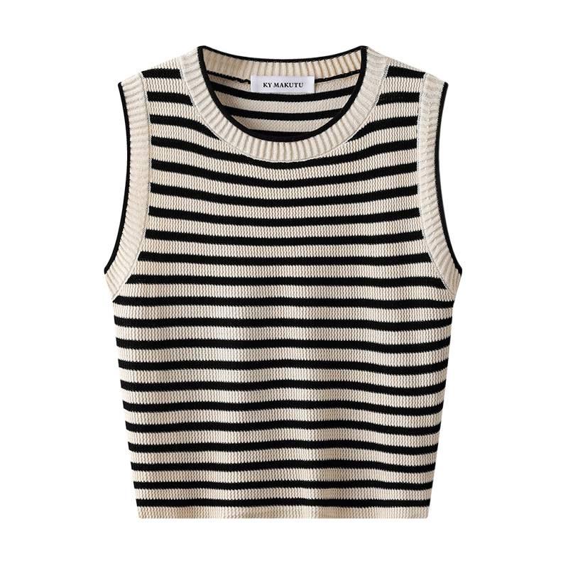 Women's Retro Striped Ribbed Knit Crop Top - Chic Sleeveless Summer Style