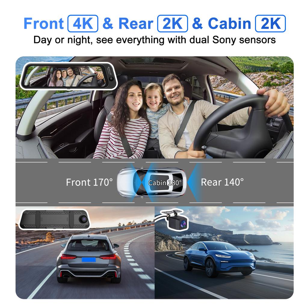 4K 10-Inch Streaming Media Dash Cam, 3 Lenses, WiFi, Night Vision, 170° Fisheye, Rearview Mirror