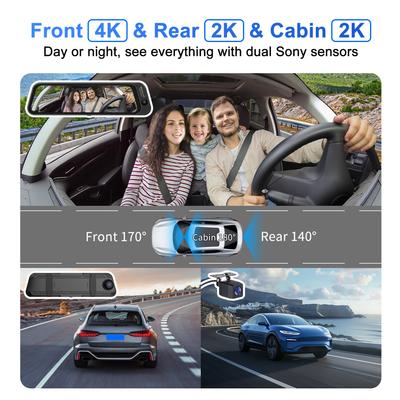 4K 10-Inch 3-Lens Streaming Media Dash Cam, Night Vision 170° Fisheye Rearview Mirror